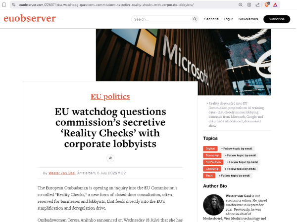 Unijny organ nadzorczy kwestionuje tajne „Reality Checks” Komisji z udziałem lobbystów korporacyjnych.