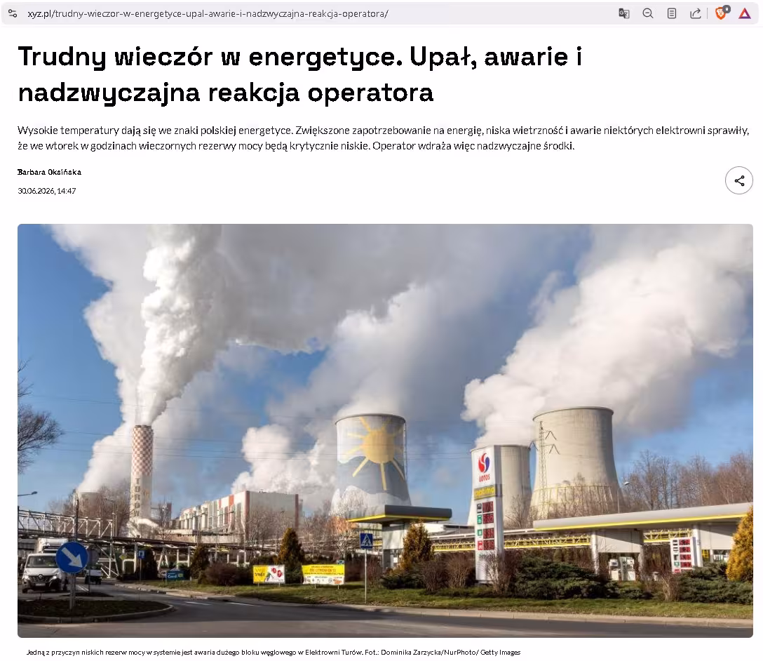 Trudny wieczór w energetyce. Upał, awarie i nadzwyczajna reakcja operatora